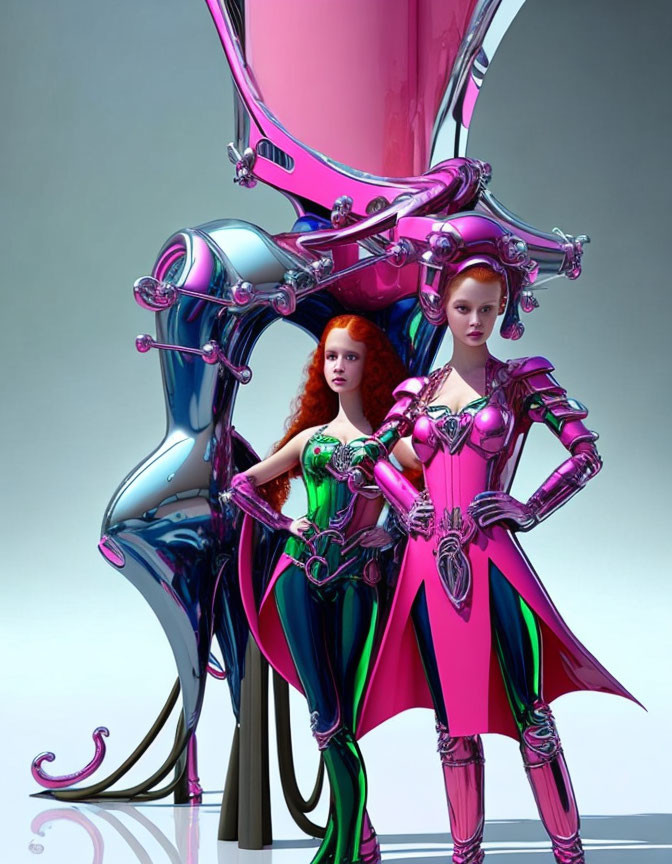 Stylized female figures in futuristic armor with intricate designs, pink and blue hues, standing confidently with