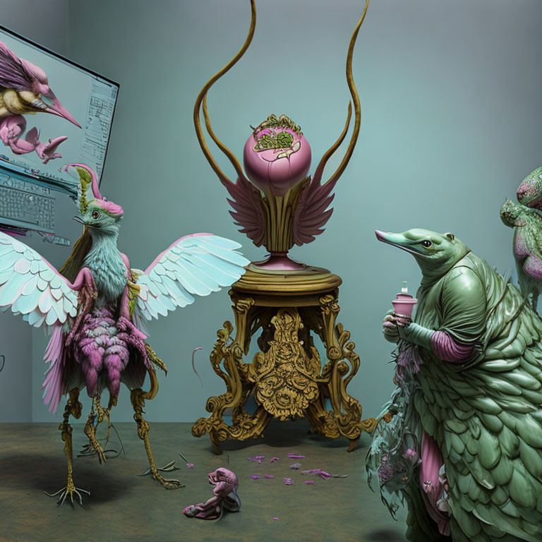 Surreal office scene with bird-like creatures at ornate desk