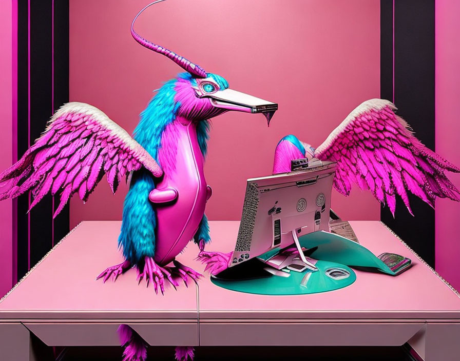 Colorful digital artwork of bird-like mythical creature at pink desk with laptop, papers, and CDs