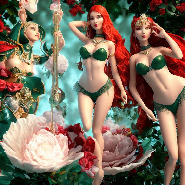 Fantasy women with red hair among giant roses, in bikinis and armor.