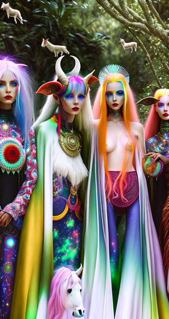 Colorful ethereal beings with unicorn in enchanted forest.