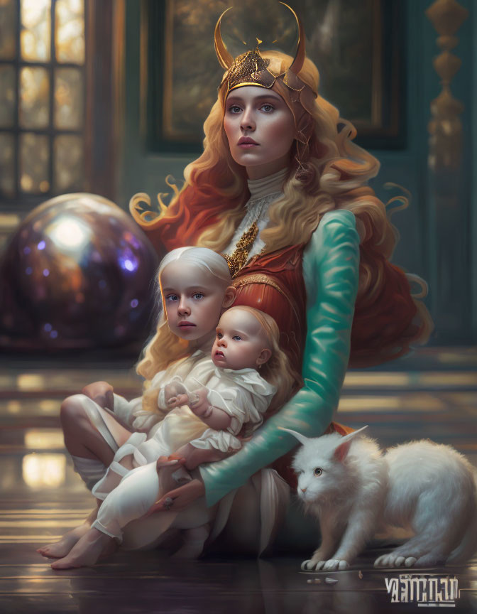 Regal woman with crown holding children by window with white cat in warm-lit room