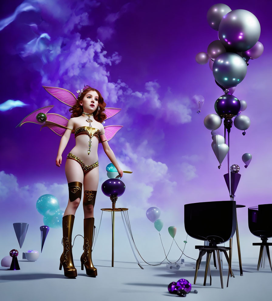 Iridescent fairy with gold attire among floating balloons