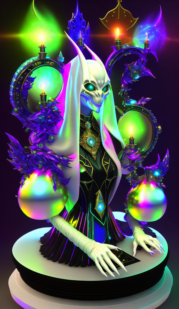 Colorful mystical creature figurine with long ears in dark outfit and glowing orbs.