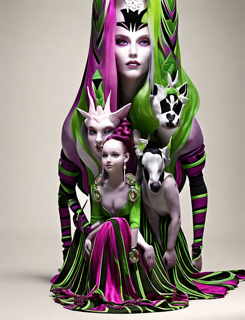 Stylized fantasy characters in green and purple with intricate outfits