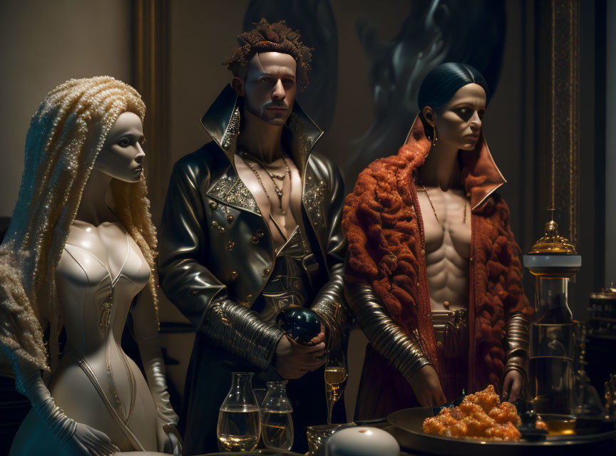 Avant-garde fashion mannequins with elaborate hairstyles in luxurious clothing