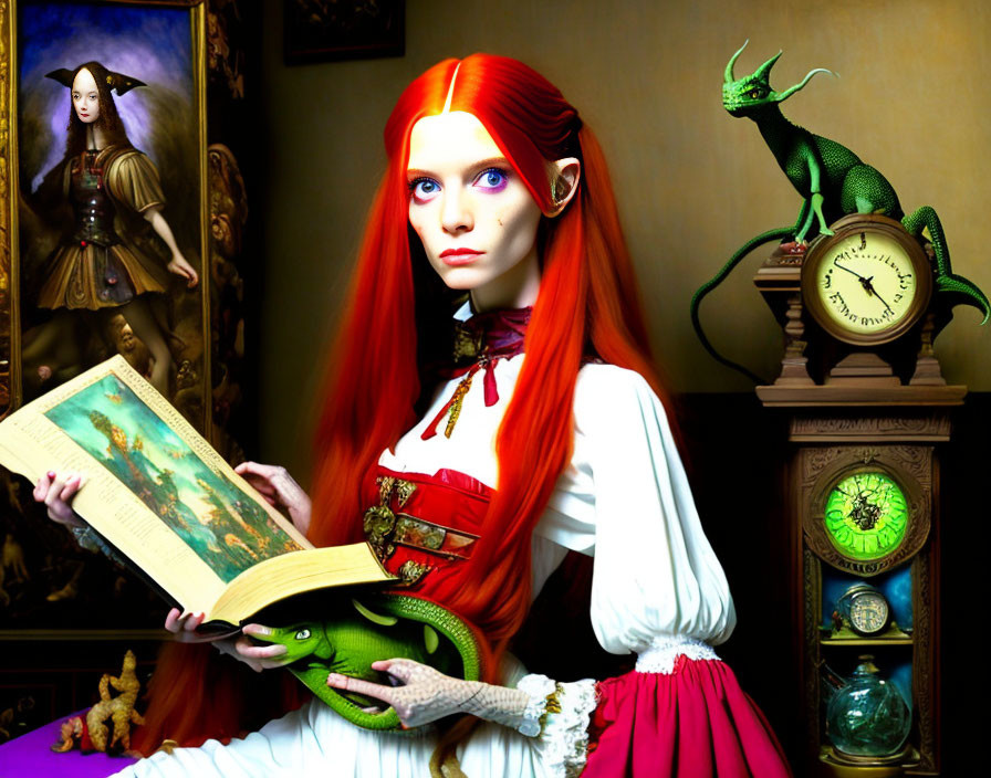 Red-haired woman with elf ears reading book beside green dragon on antique clock