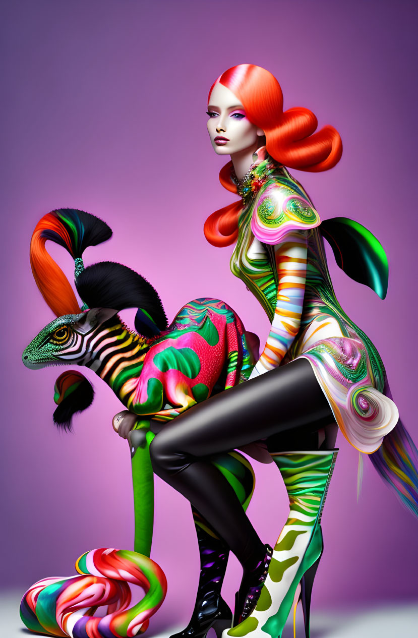 Colorful digital artwork: Woman with orange hair on zebra in psychedelic pattern