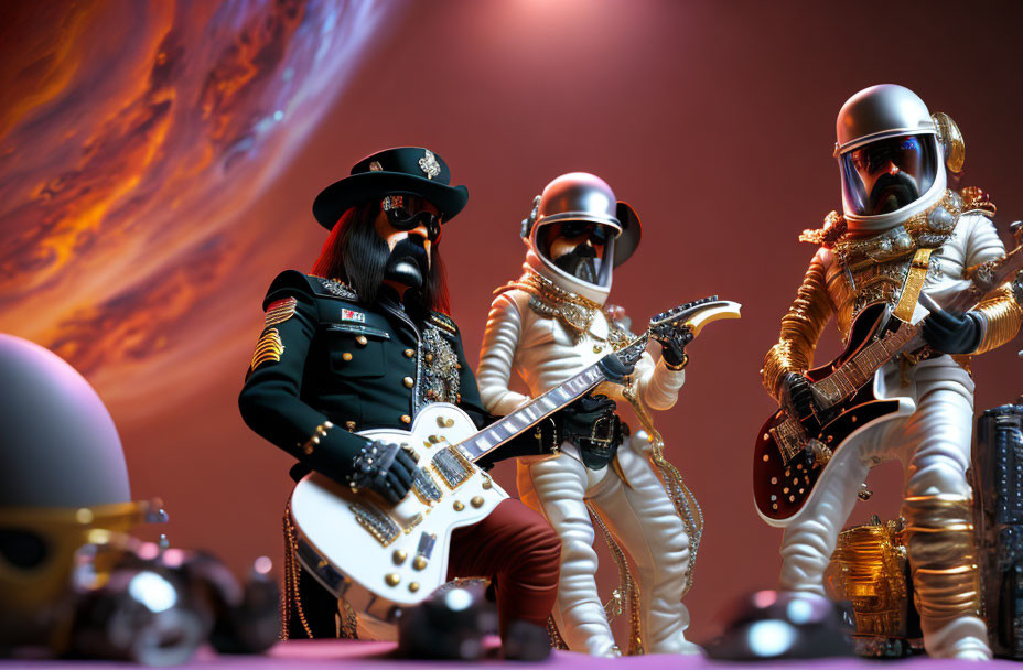 Astronauts and Military-Style Figure Playing Guitars on Fiery Planet