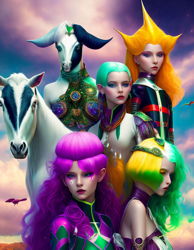 Vibrant portrait of four women with colorful hair and ornate clothing, accompanied by two serene goats