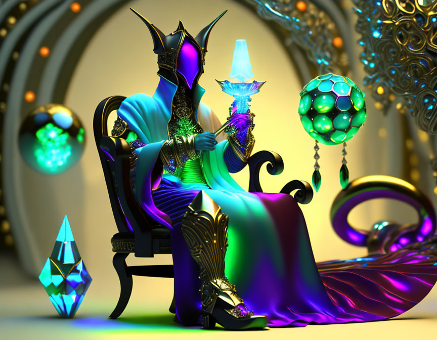 Fantastical figure in vibrant robes and ornate armor with glowing crystal on throne