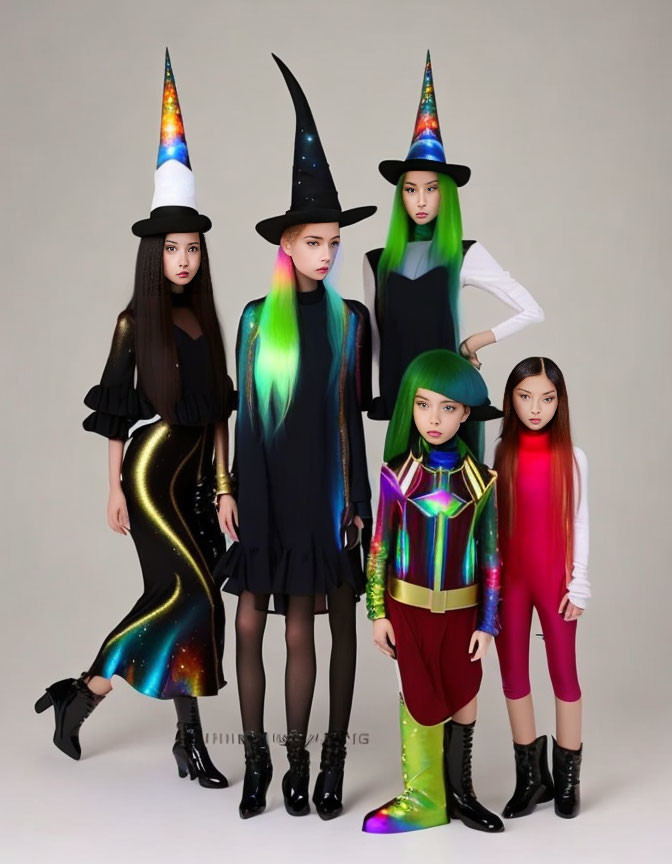 Five Modern Witches in Galaxy Outfits and Hats on Gray Background