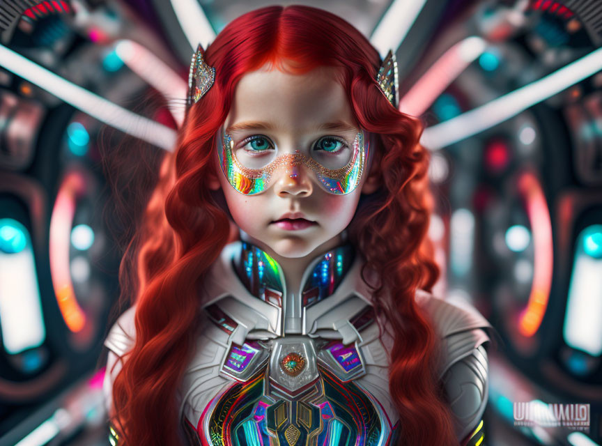 Young girl with red hair in futuristic face paint and armor suit against sci-fi backdrop