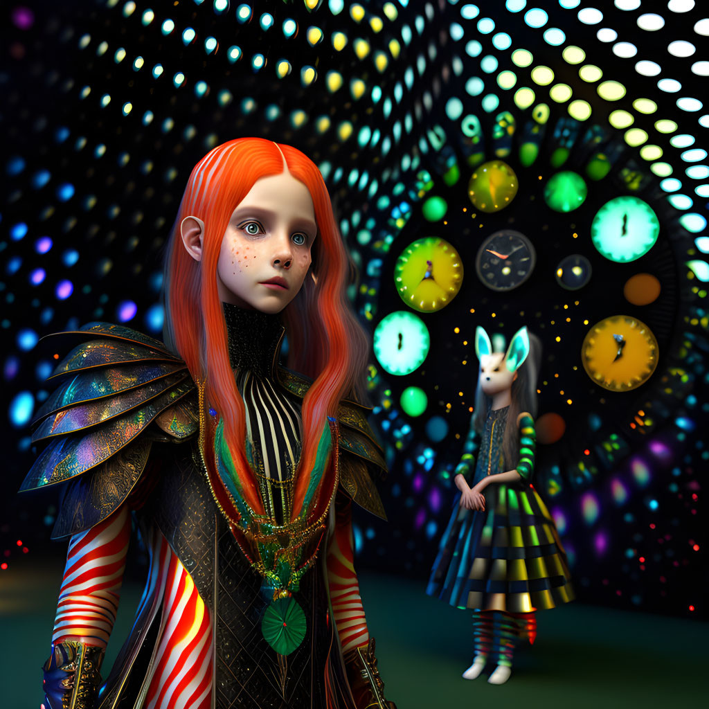 Fantasy-style image of girl with orange hair in ornate armor with clocks and fox creature