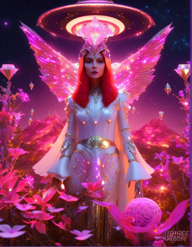 Fantastical female figure with pink wings, red hair, ethereal garments, amidst cosmic backdrop.