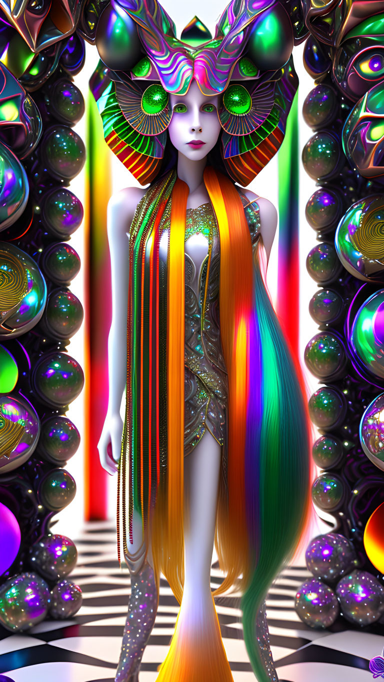 Colorful digital artwork of female figure with rainbow hair and ornate headwear among reflective spheres