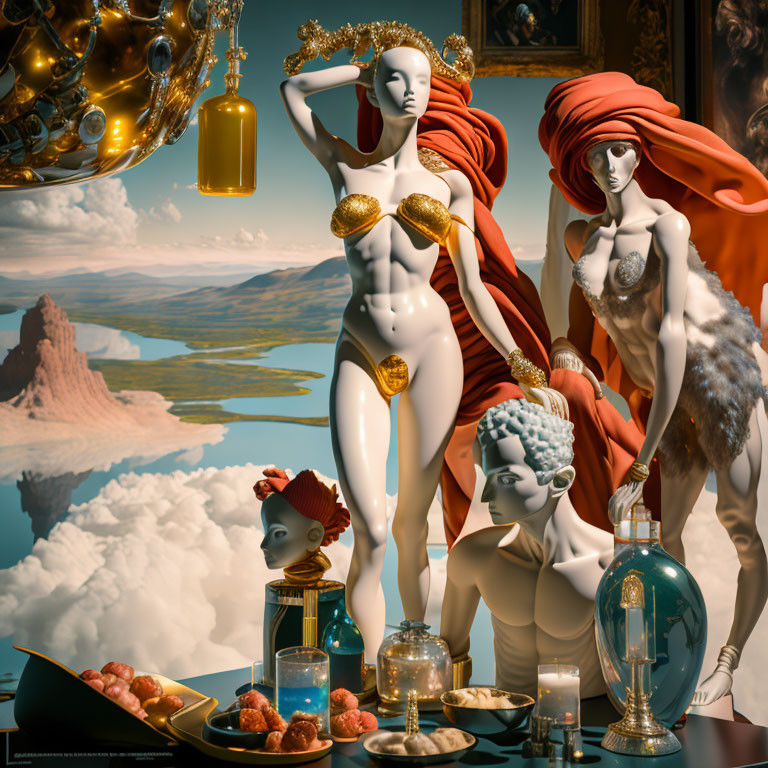 Classical statues and desert landscape in surreal tableau