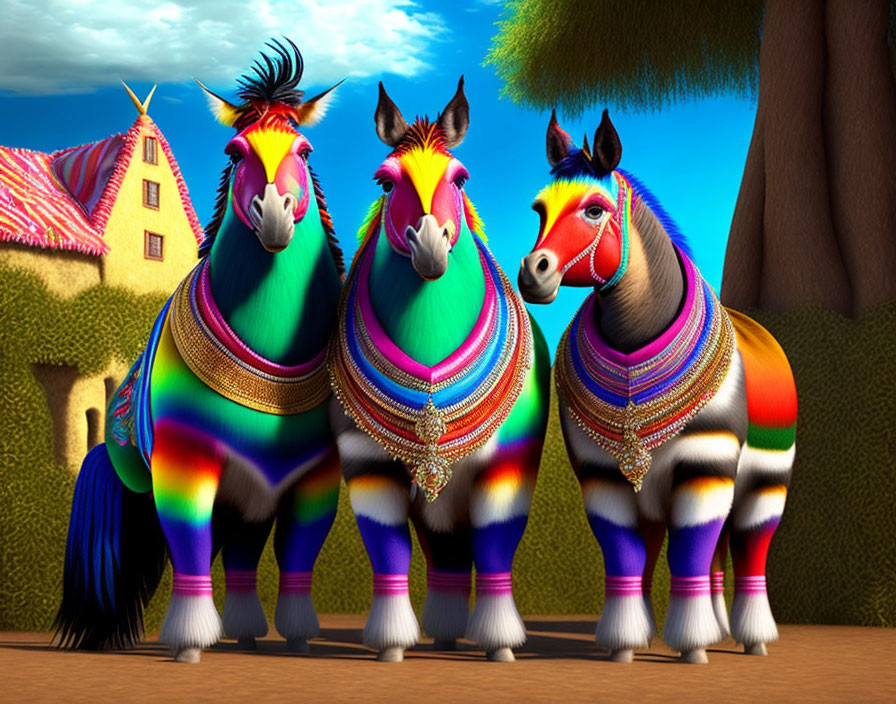 Colorful Cartoon Horses with Rainbow Manes in Countryside Scene