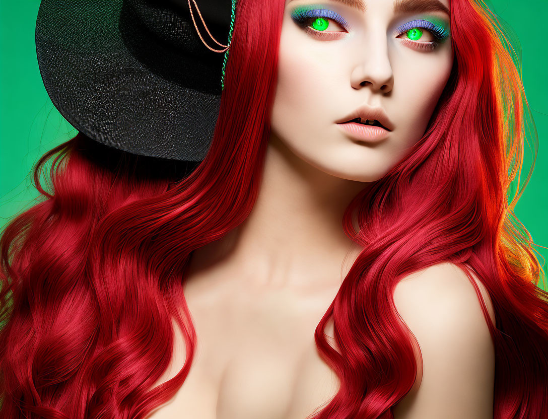 Red-haired woman with green eyes, black hat, and makeup on green backdrop