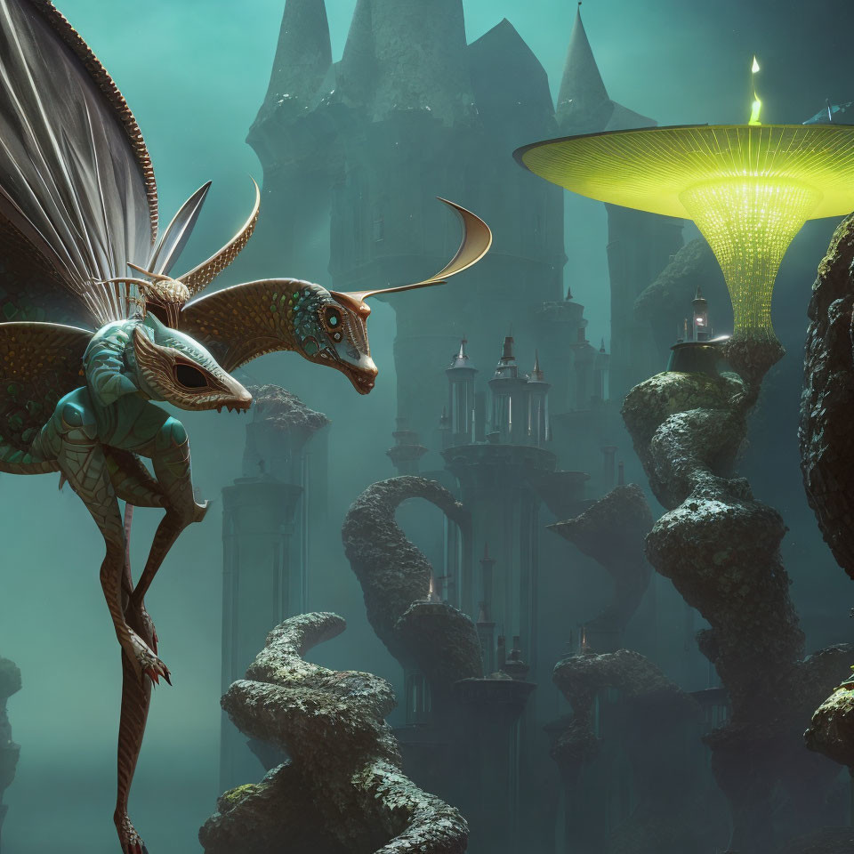 Extended wings dragon overlooking mystical city with spire-like buildings.