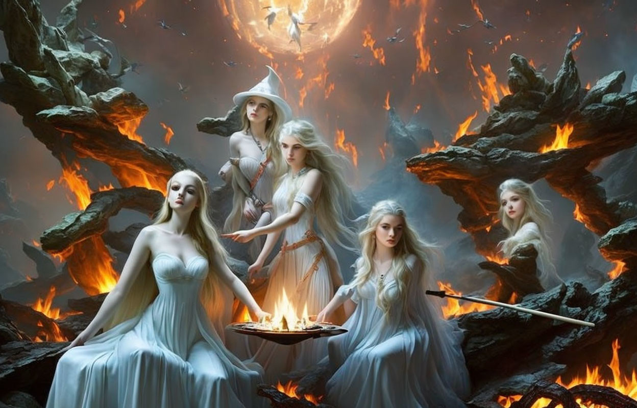 Ethereal women in white gowns among fiery rocks under a glowing moon