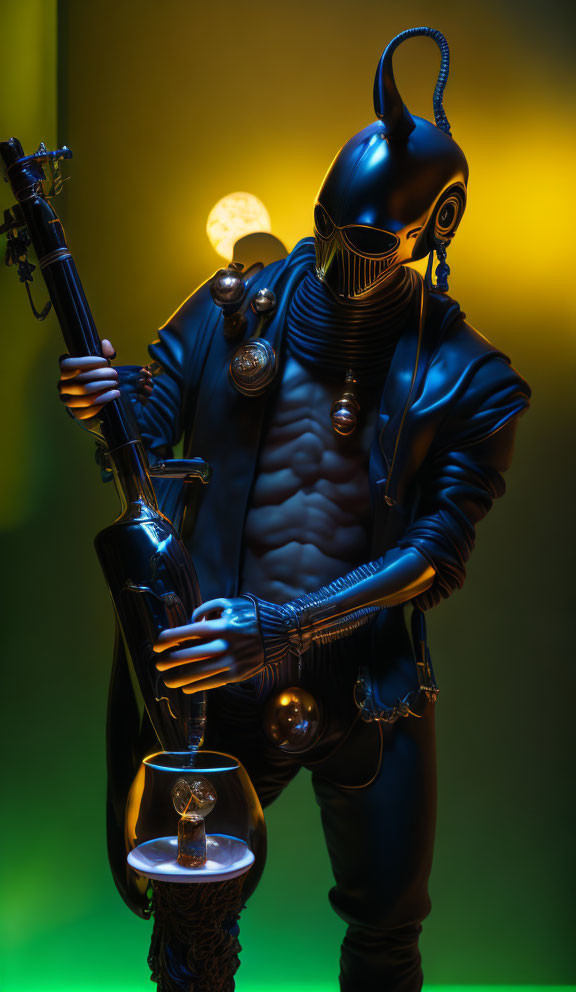 Futuristic person in black outfit with mask holding stylized weapon under moody backlight