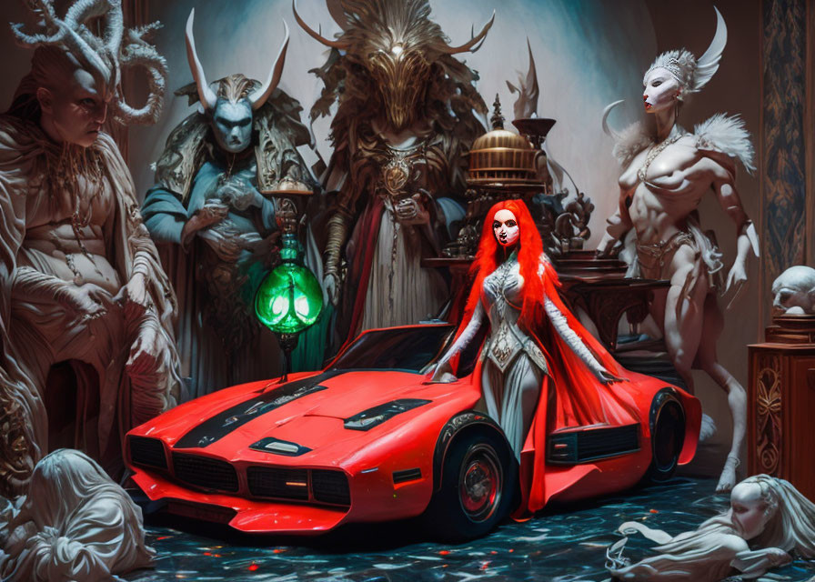 Colorful artwork featuring a woman in a red dress on a sports car with fantasy characters in an orn