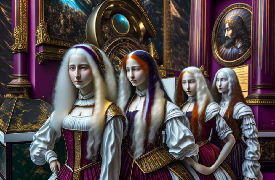 Four women in Renaissance attire with painting and luxurious decor in the background.