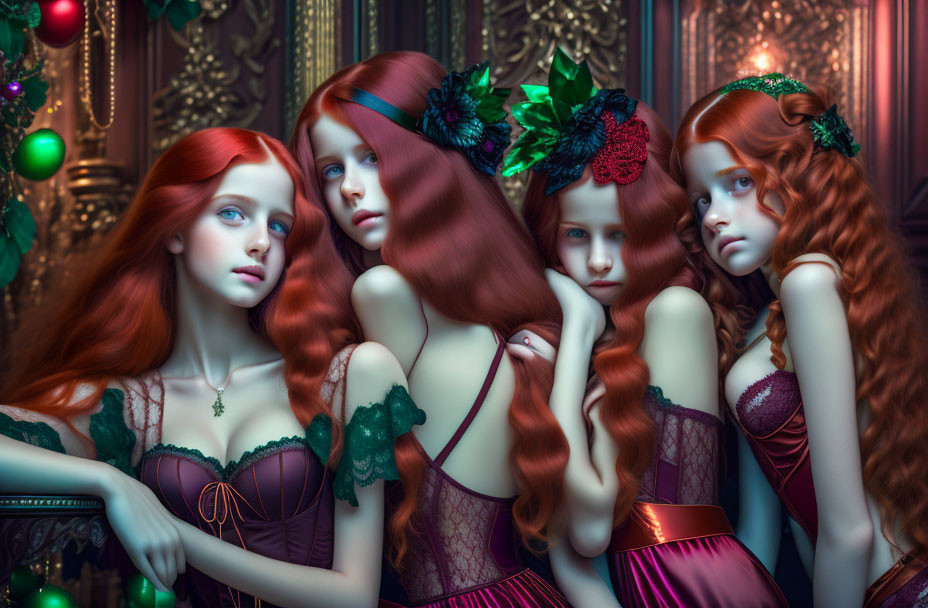 Four Women with Striking Red Hair in Victorian Dresses in Festive Room