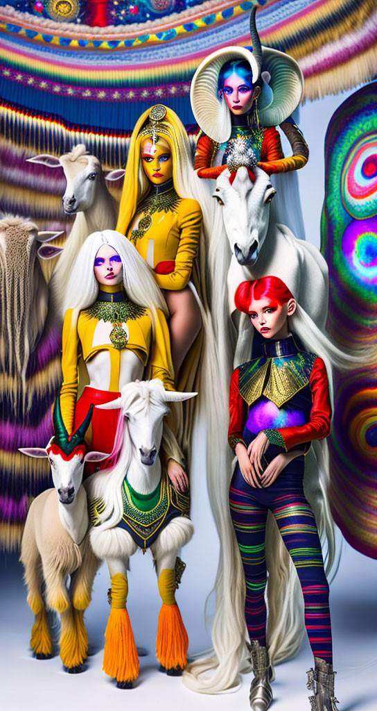 Vibrant fantasy illustration of stylized characters with intricate costumes and makeup, goats, and swirling background