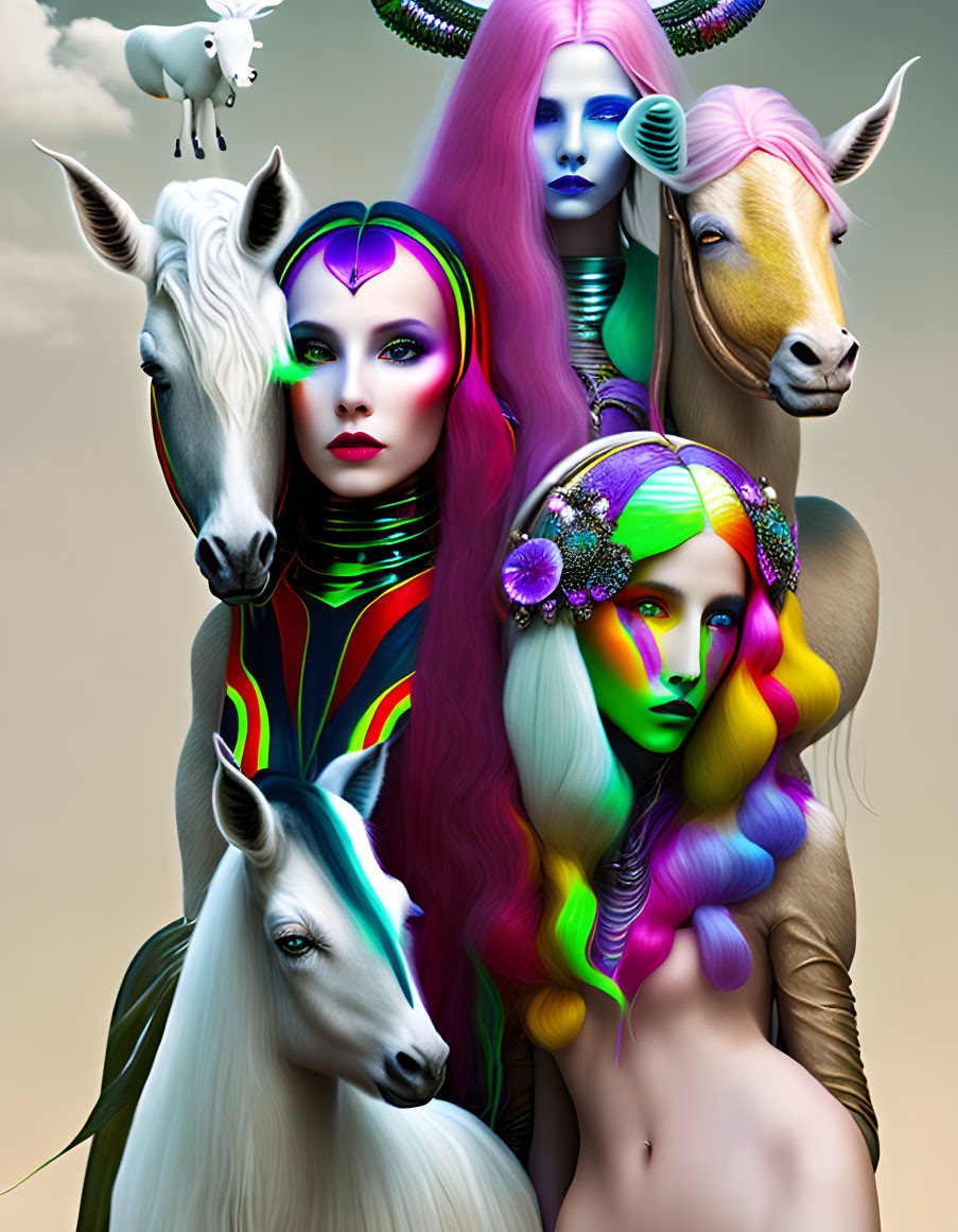 Vibrant fantasy portrait of two women with multicolored hair and makeup, accompanied by four unic