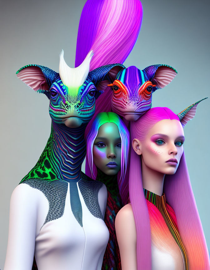 Vibrant humanoid figures with animalistic features on neutral backdrop