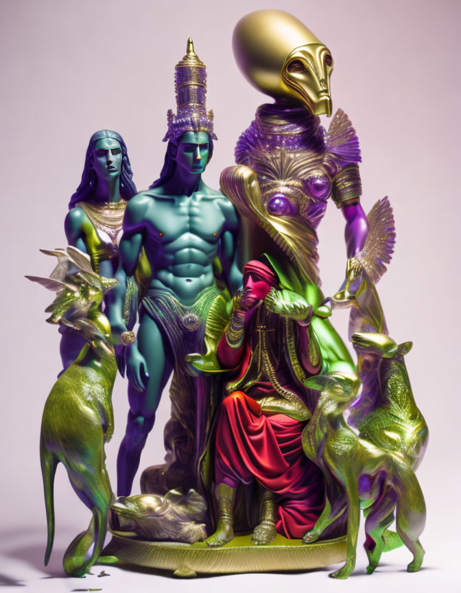 Fantasy digital artwork with colorful humanoid figures and mythical creatures