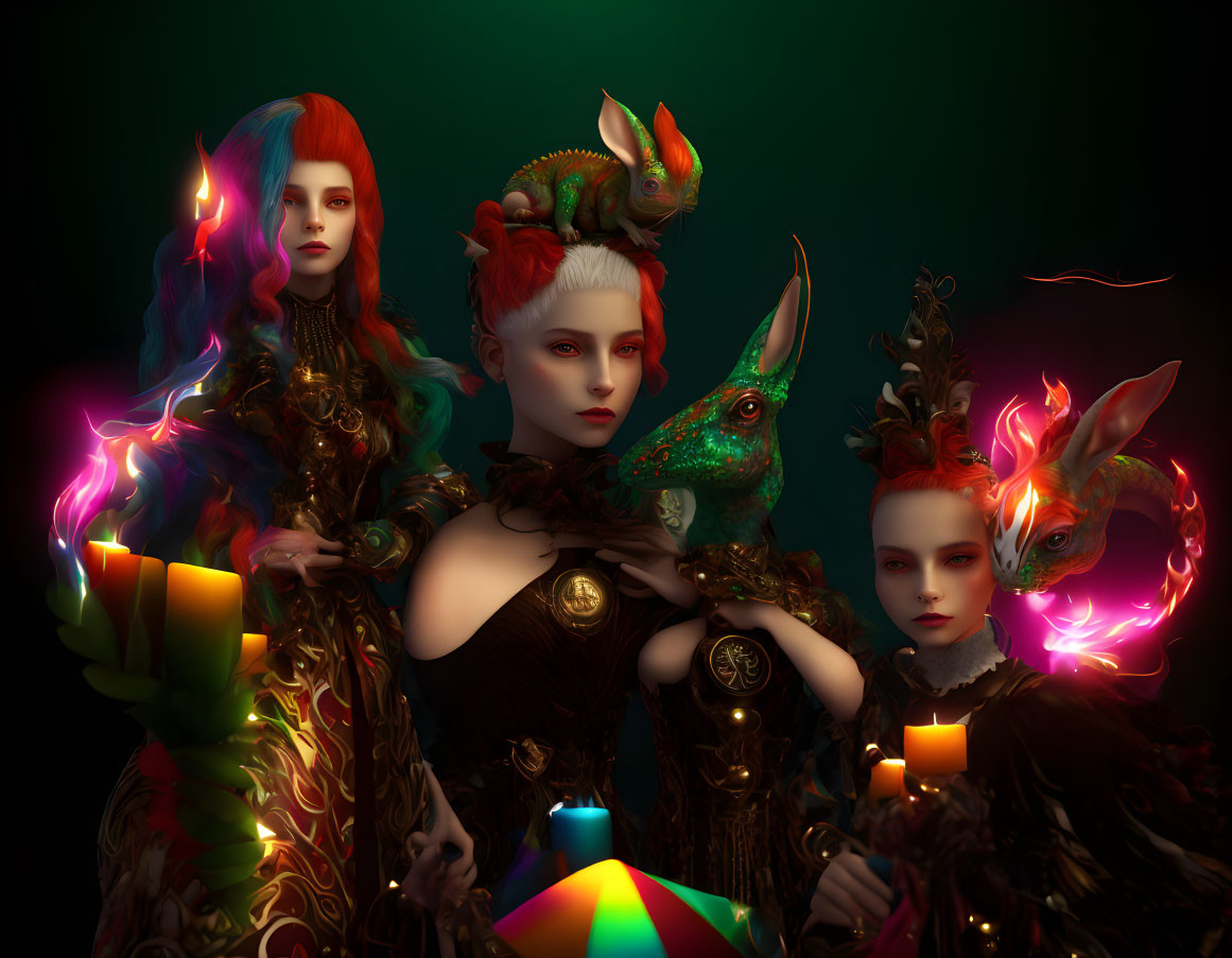 Three mystical women with creature-motif headpieces and candles in a dark setting