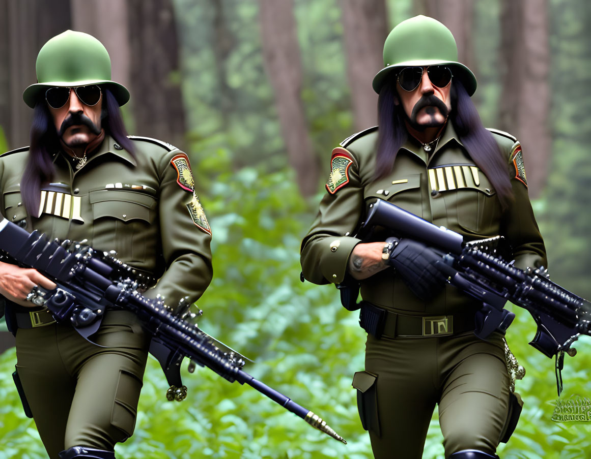 Military-themed animated characters with assault rifles in forest setting