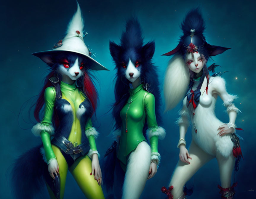 Anthropomorphic Fox Characters in Fantasy Attire on Dark Blue Background