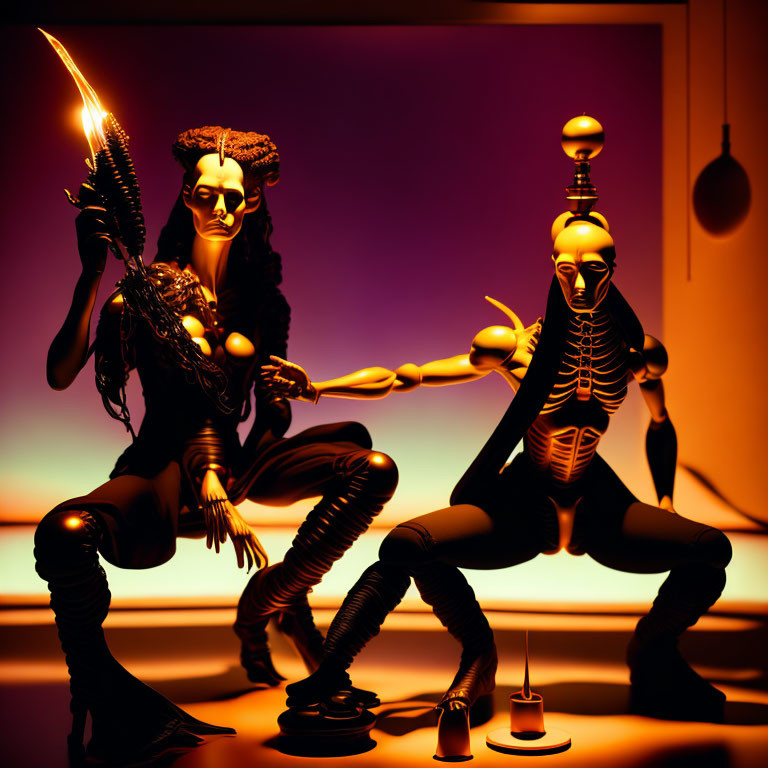 Stylized skeletal figures in amber-lit room: futuristic design