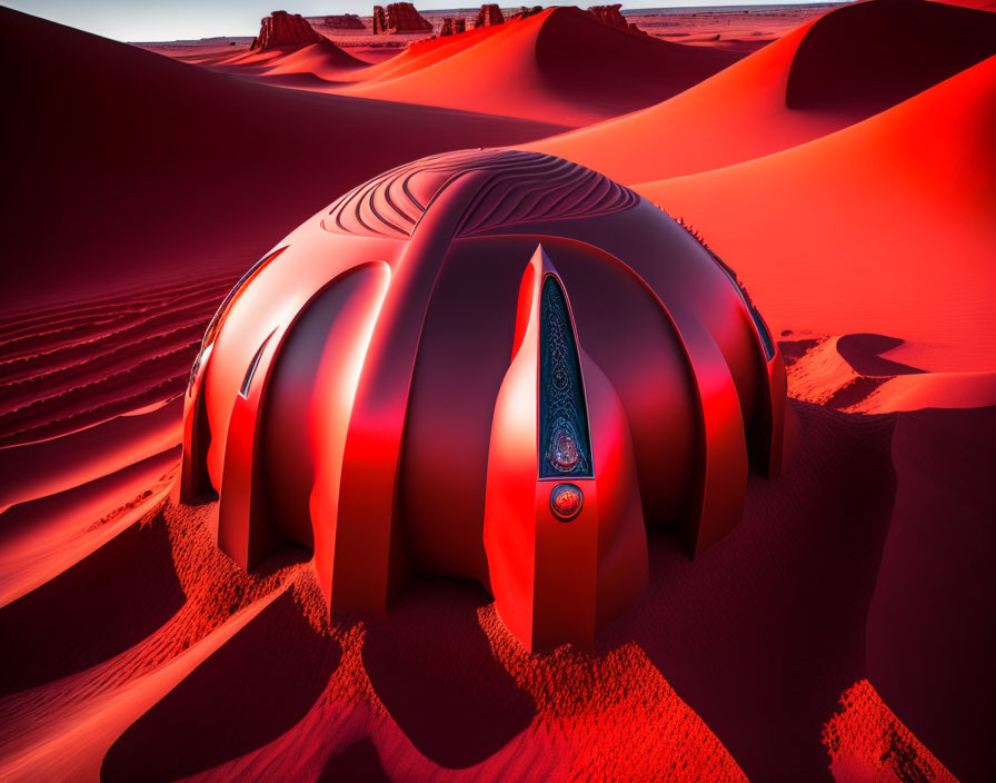 Red Dome Structure in Desert Landscape