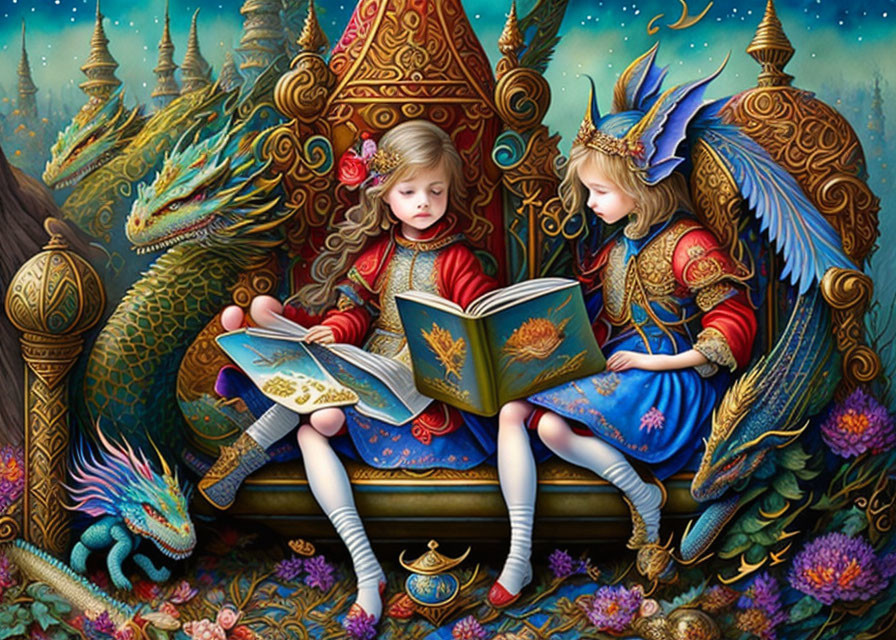 Medieval-themed artwork featuring two girls, dragons, and angelic figure reading a book