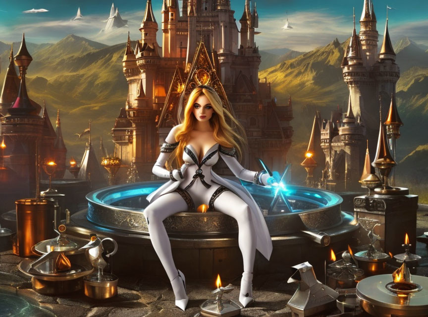 Digitally created female character in white and black attire by glowing blue fountain against fantasy backdrop