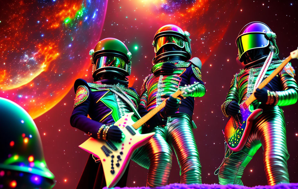 Vibrant Astronauts Playing Guitars in Cosmic Sky