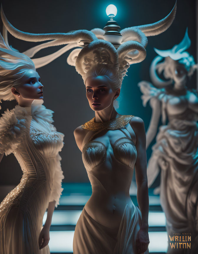 Three women in elaborate white outfits and headdresses under blue lighting