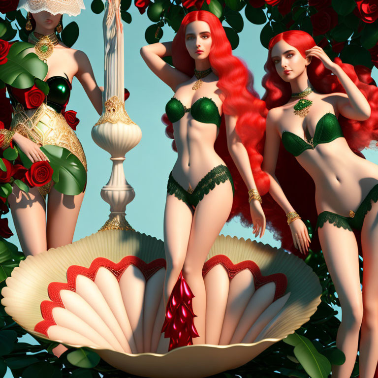 Stylized 3D female figures in green and gold outfits on giant seashell surrounded by