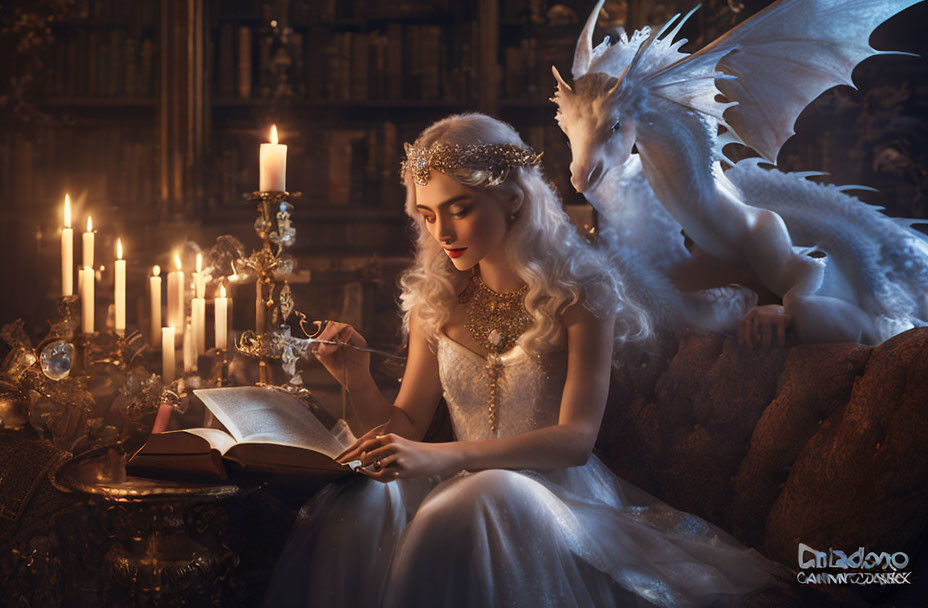 Woman reading book next to dragon in fantasy room with candles