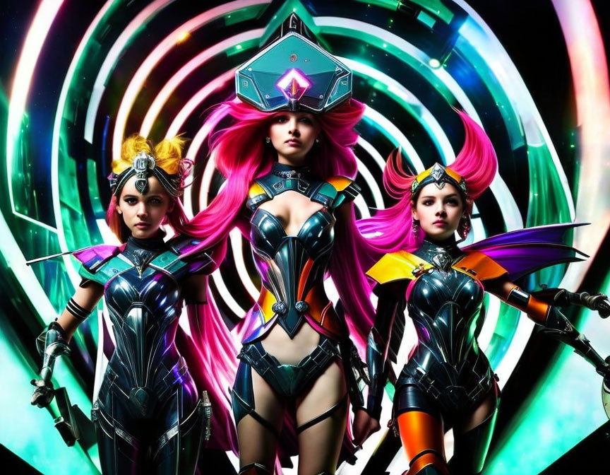 Futuristic warrior women in vibrant neon armor pose confidently