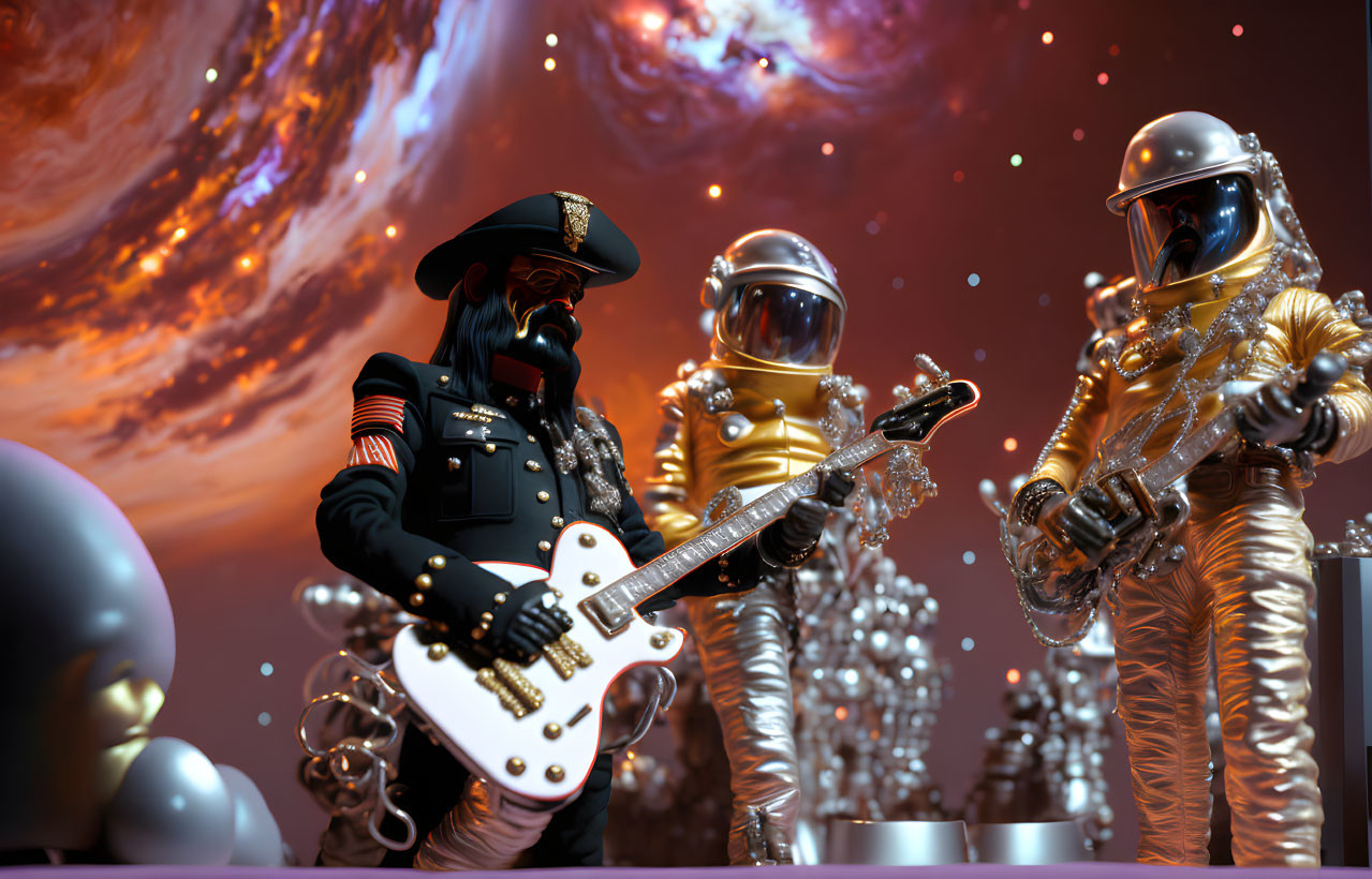 Stylized astronauts playing guitar in surreal cosmic setting