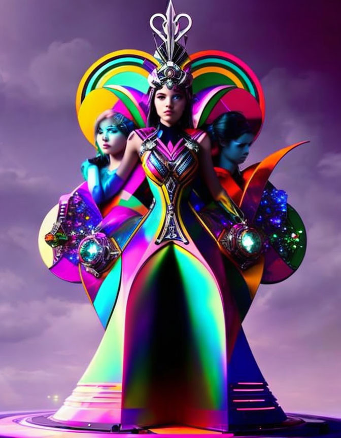 Vibrant futuristic women in rainbow costumes against purple backdrop