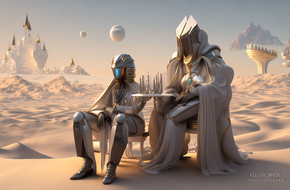 Armored figures playing chess in desert landscape with floating orbs and distant spires