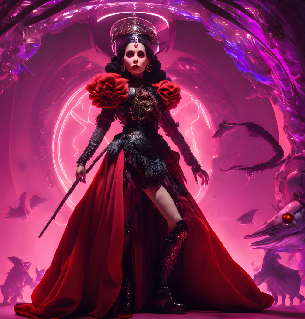 Regal woman in dark dress with red accents surrounded by mystical energy and ethereal creatures