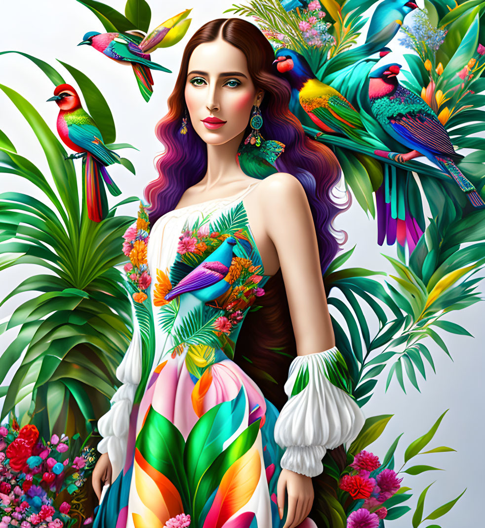 Colorful Hair Woman Surrounded by Birds and Tropical Flora